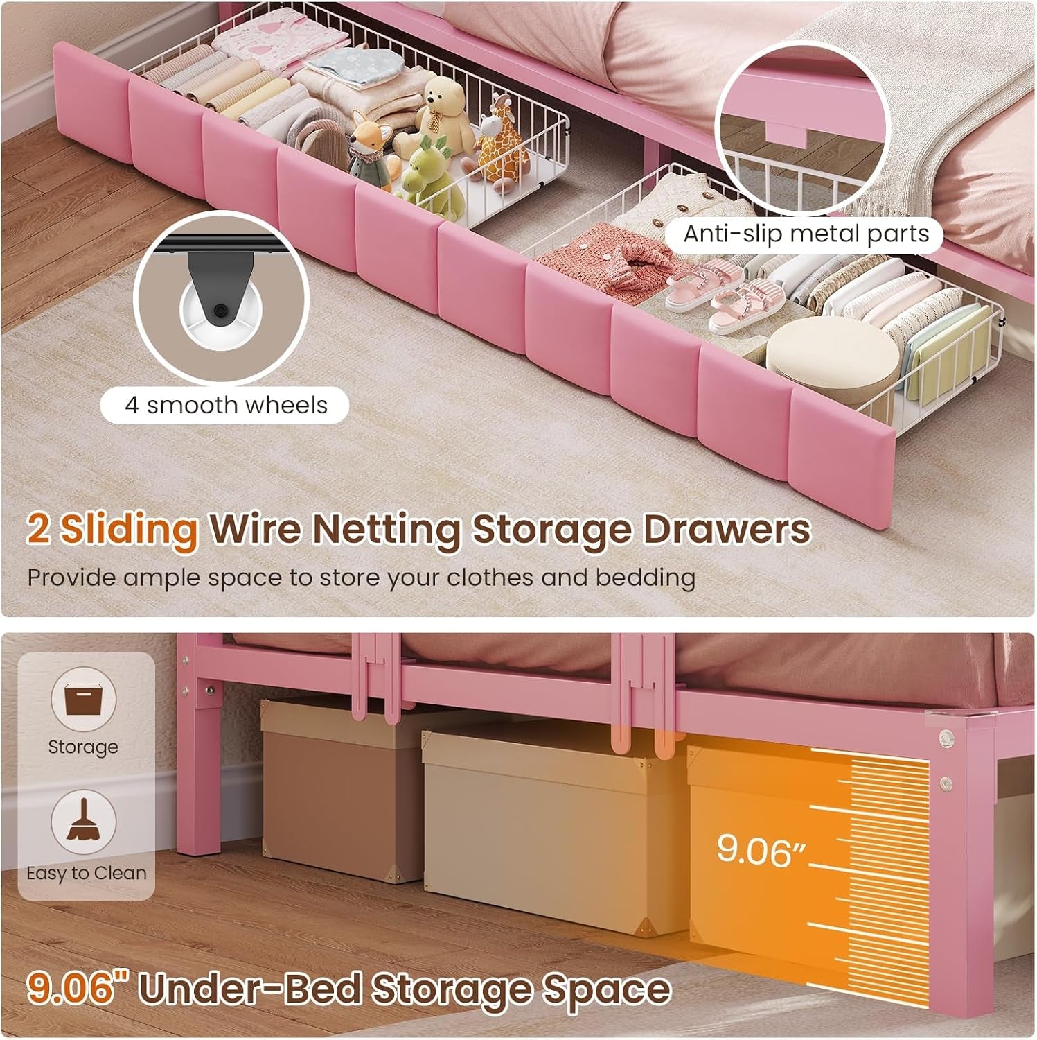 twin-corner-bed-frame-with-2-storage-drawers-and-charging-station-velvet-girls-platform-bed-frame-twin-size-with-led-lights-and-upholstered-guardrail-twin-size-daybed-for-kids-and-teen-pink
