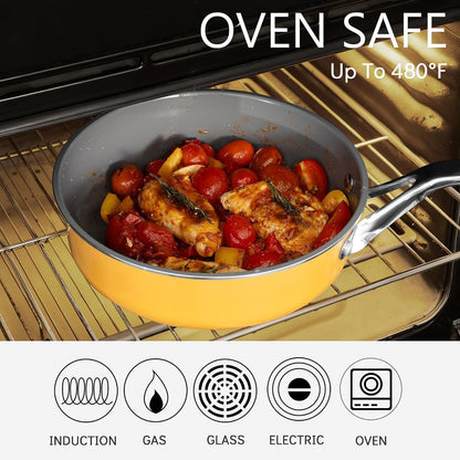 Yellow 10 Piece Ceramic Cookware Set | Pots Pans for Family Meals | Include Saucepan, Saute Pan, Stockpot, Frying Pans, Oven Safe to 480°F, Dishwasher Safe, Non-Toxic PFAS Free, Induction Bases6