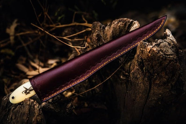 Damascus Fillet Knife - 13" Total Length, 8" Blade, 5" Camel Bone Handle with Engraved Fish Design, Includes Leather Sheath - Handcrafted Precision Knife for Fishing & Culinary Use9