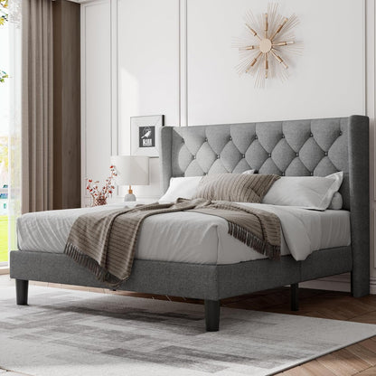 Queen Bed Frame with Upholstered Wingback Headboard, Platform Bed and Heavy Duty Wooden Slats Support, Easy Assembly, Noise-Free, No Box Spring Needed, Light Gray1