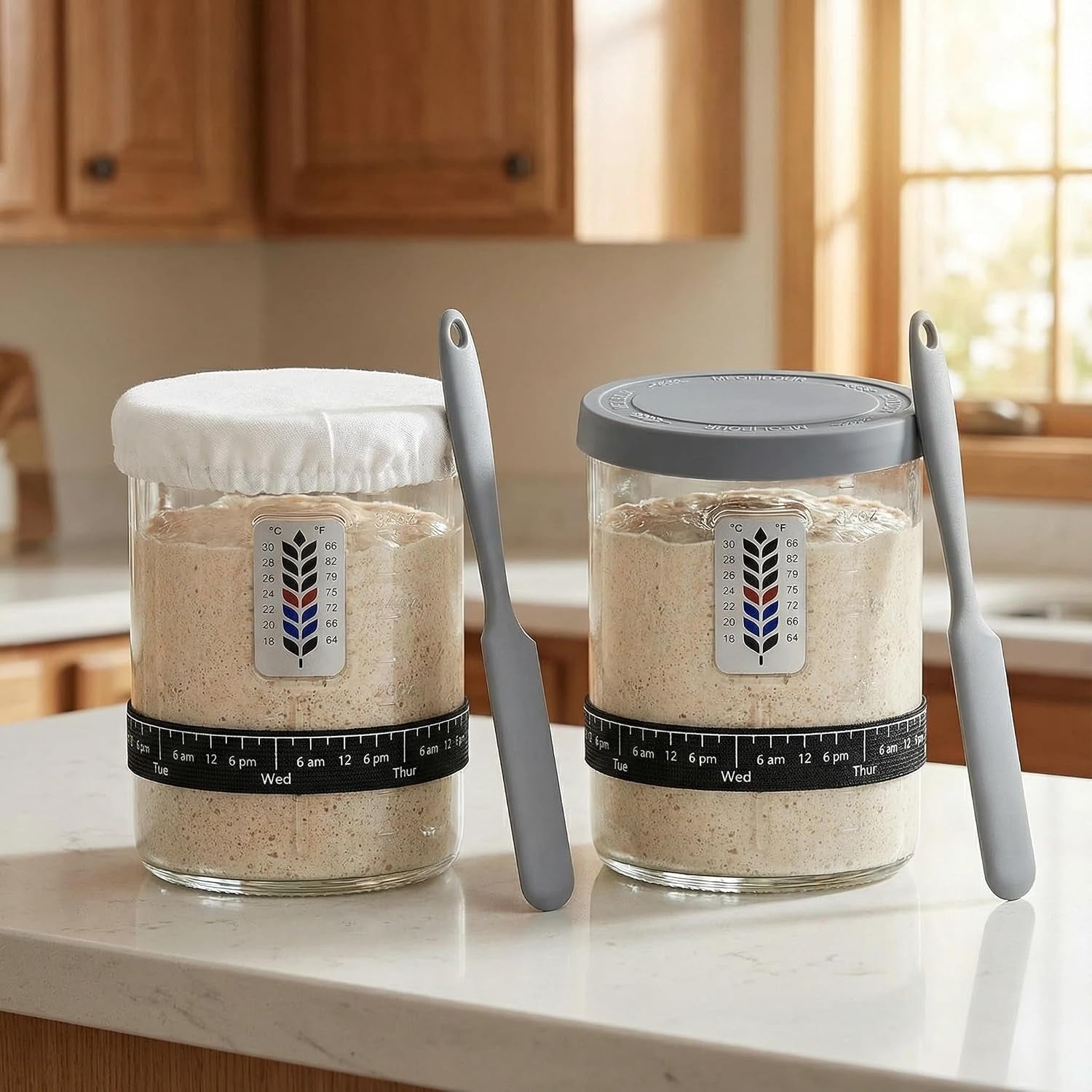 2-pack-premium-pro-sourdough-starter-jar-kit-40oz-large-wide-mouth-sourdough-bread-jar-with-marked-feeding-band-thermometer-scraper-cloth-cover-silicone-lid-base-glass-container-baking-supply