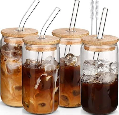 Glass Cups with Lids and Straws 4 Pcs,16Oz Drinking Glasses Set for Coffee Bar Accessories,Iced Coffee Cups with Lids,Matcha Cup Glass Tumbler Reusable for Gifts1