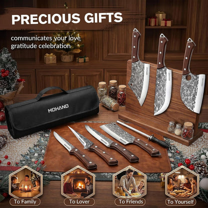 Butcher Knife Set, Hand Forged Butcher Chef Knife Set with Roll Bag | High Carbon Steel 14PCS Meat Cleaver Knife, Bone Chopper Knives, Fillet Knives for Kitchen, Camping Outdoor BBQ, Gift for Men8