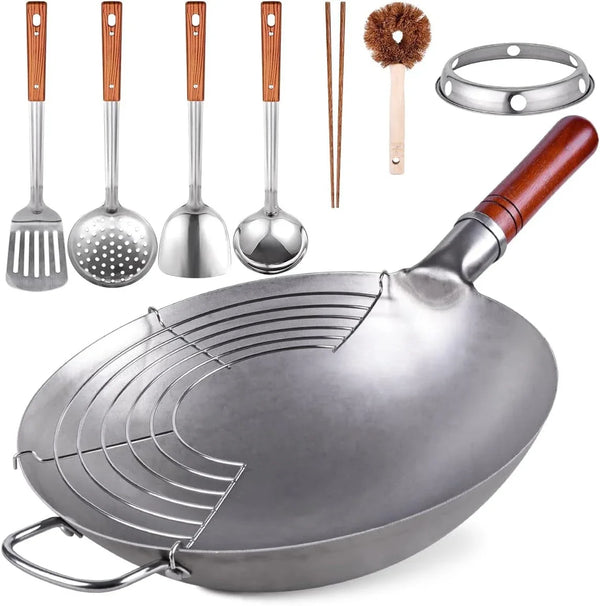 13.4" Carbon Steel Wok Traditional Hand Hammered round Bottom Wok | Chinese Woks Pan with 8 Pcs Cookware Accessories for Gas Stovetops, Open Fire, BBQ, Camping1
