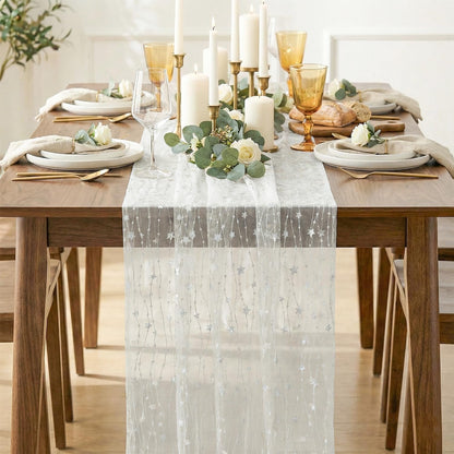 Stars White Gauze Table Runner 10FT, Glitter Metallic Foil Sheer Dining Wedding Anniversary Holiday Birthday Table Decor for Home Party2