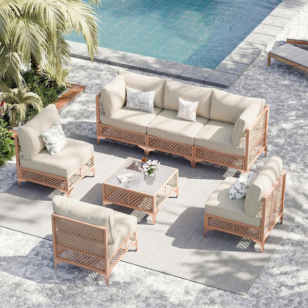 Patio Conversation Sets, 7 Piece Outdoor Furniture Set with Thick Cushions, Wicker Sectional Sofa Set with Coffee Table for Backyard, Poolside, Garden (Beige)2