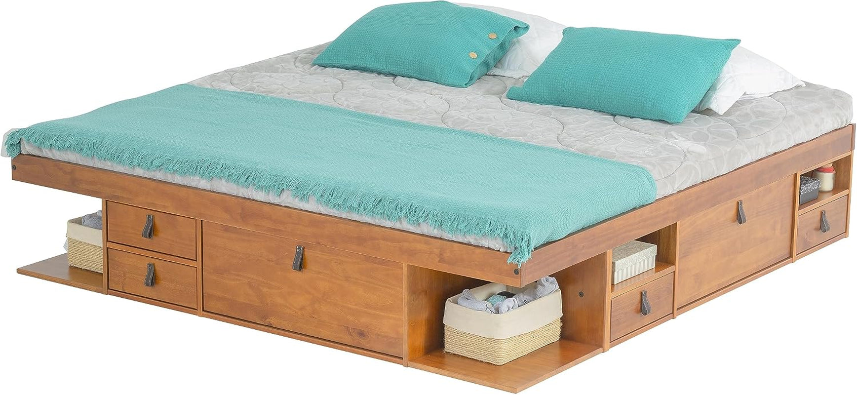 bali-king-size-storage-platform-bed-with-6-drawers-6-shelves-3-door-cabinets-2-pullout-nightstands-solid-pine-wood-bed-frame-with-underbed-storage-no-box-spring-needed-oak-brown