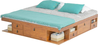Bali King Size Storage Platform Bed with 6 Drawers, 6 Shelves, 3 Door Cabinets, 2 Pullout Nightstands, Solid Pine Wood Bed Frame with Underbed Storage, No Box Spring Needed, Oak Brown1