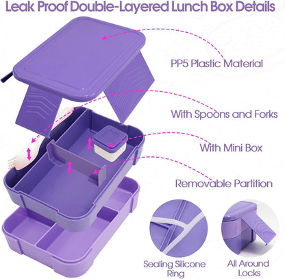 Preppy Lunch Box for Girls with 10Oz Thermo, with 6 Compartment Bento Box, Purple Nylon Insulated Lunch Bag Adjustable Strap for Girl Kids Teens School Travel Picnic4