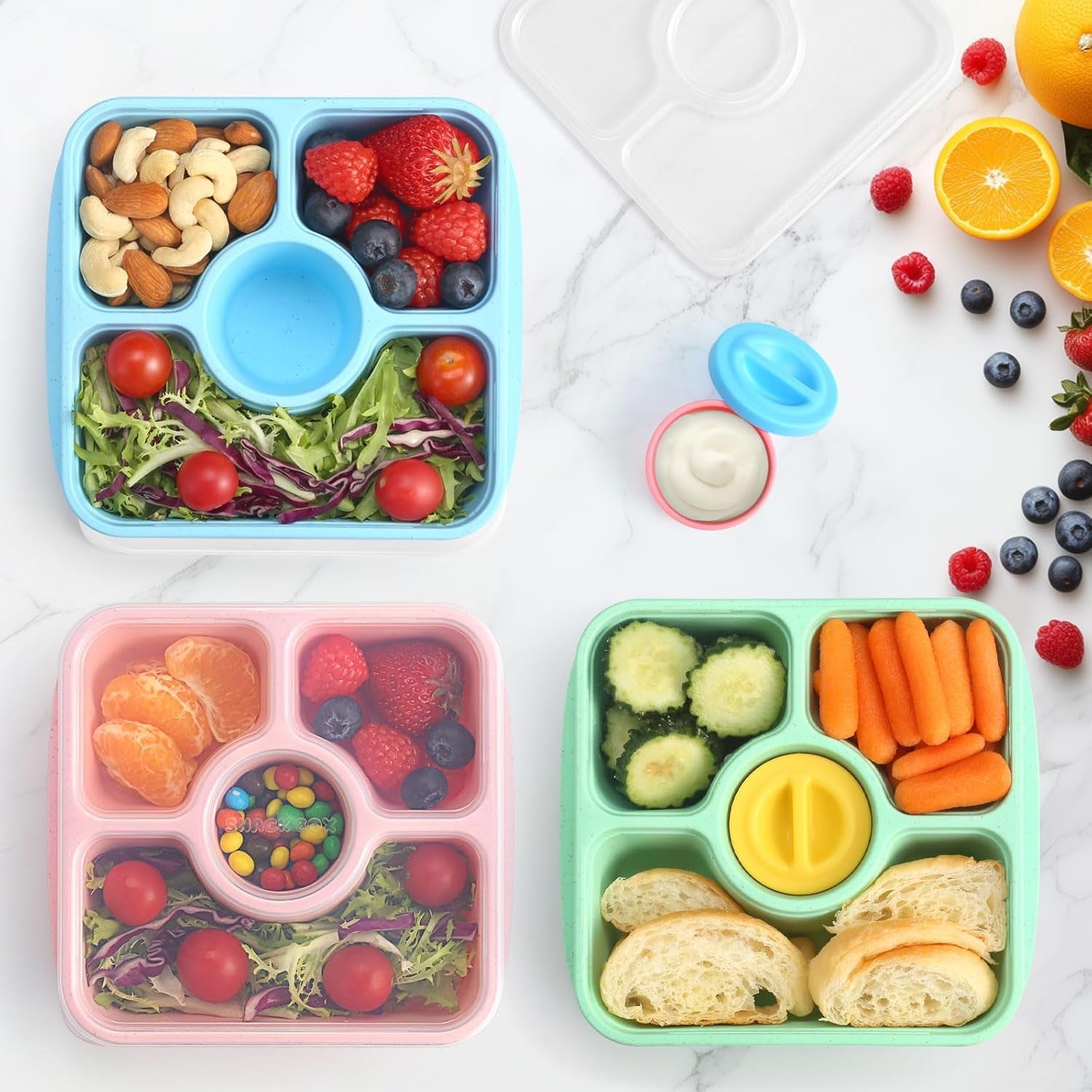 bento-snack-box-containers-for-adults-kids-4-pack-lunchable-meal-prep-containers-reusable-stackable-bento-lunch-box-food-storage-prep-containers-with-lids-and-4-sauce-cups-pastel-color-clear-lid