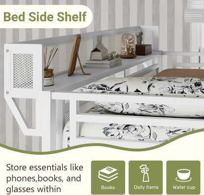Queen Size Loft Bed with Stairs and Storage, Metal Loft Bed Frame with Bedside Shelf and Large Under-Bed Space, Heavy-Duty Loft Beds for Adults Teens and Kids, Convertible Staircase, White3