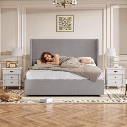Queen Size Lift up Storage Bed Frame with 51.2" Wingback Headboard, Linen Upholstered Platform Bed, Hydraulic Support System, Reinforced Metal Structure, No Box Spring Needed, Light Grey2