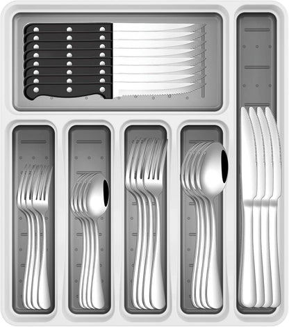 49-Piece Silverware Set with Organizer, Stainless Steel Flatware Utensils Set for 8, Forks and Spoons Silverware Set Cutlery Set with Steak Knives, Dishwasher Safe1