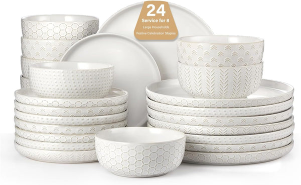24 Piece Dinnerware Sets for 8 - Farmhouse Style Stoneware Plates and Bowls Sets - Scratch Resistant & Dishwasher Safe, Embossed Boho Ceramic Dish Set, Stack Compactly Dishware - Ivory White1