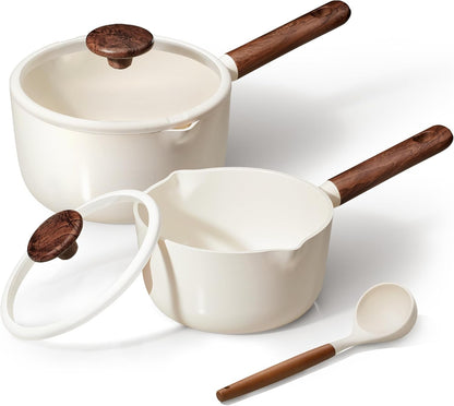 2QT & 3QT Sauce Pan Sets with Lid & Ladle Ceramic Nonstick Pot Set Non Toxic Saucepan Small Kitchen Cooking Pots, Easy to Clean, Induction Comptable, PFAS PTFE Free, White1