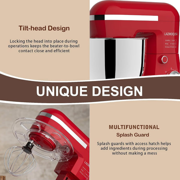 6In1 Stand Mixer with 6.5 Quart Bowl, 660W 10+P Speeds Kitchen Food Mixer Tilt-Head Bread Dough and Cake Mixers for Home Daily Use (Red)6