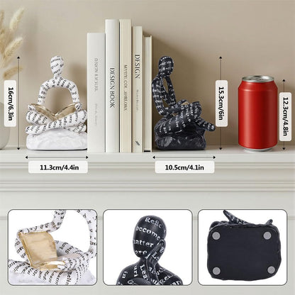 Book Ends for Heavy Books Set of 2, Modern Abstract Thinker Book Ends for Shelves and Desk - Resin with Non-Slip Pads, Bookends for Shelves, Modern Black White Office Decor Bookends2