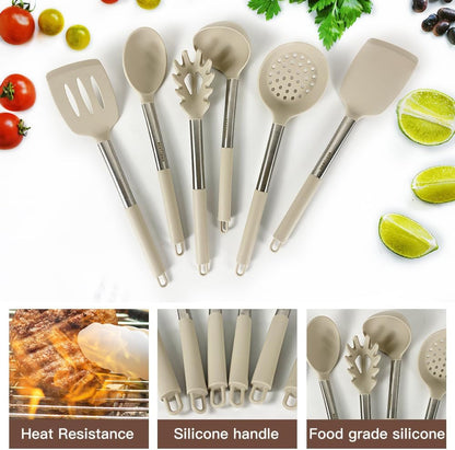 Kitchen Utensils Set-Silicone Cooking Utensils-33Pcs Non-Stick Silicone Cooking Kitchen Utensils Spatula Set with Holder-Best Kitchen Cookware with Stainless Steel Handle (Khaki)7