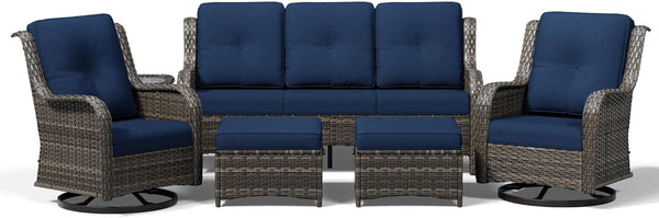 6 Piece Wicker Patio Furniture Set, Outdoor Swivel Rocker Patio Chairs with High Back, Deep Seating, Wide Armrest, Thickened Cushions, Outdoor Furniture for Deck, Porch Use9