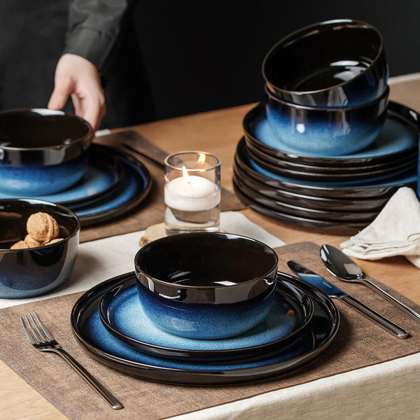 Stoneware Dinnerware Sets for 6, Reactive Glaze, Navy Blue3