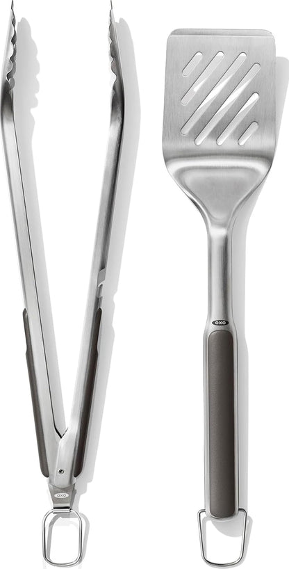 OXO Outdoor Grilling Turner and Tongs Set | Grilling Spatula and Tongs, Beveled Head Slides under Food, Non-Slip Grip, Hanging Ring, Ideal for Grilling & BBQ1