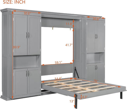 Modern Full Murphy Bed with Dual Sliding Doors Storage Cabinets, Wood Hidden Wall Bed with Dual 6-Tier Side Shelves, Large-Capacity& Space-Saving (Gray-12.9)2