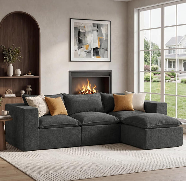 101" Boneless Cloud Sectional Couch for Living Room, Sectional L Shaped Sofa Couch with Ottoman, Modular Sleeper Sofa for Apartment，No Assembly, Dark Grey1