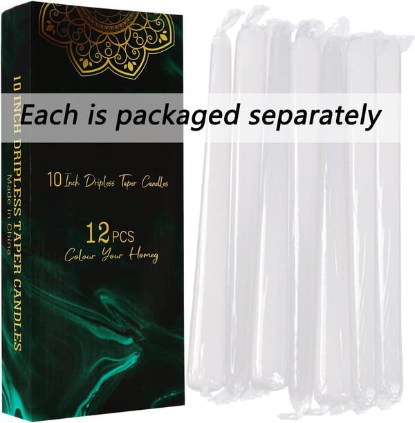 Dripless Taper Candles - Unscented White Candles Bulk - Candle Sticks Long Burning 7.5-8 Hours - for Candlesticks, Dinner Table, Vigil, Advent, Christmas, Thanksgiving, Kwanzaa - 12 Pack,10 Inch Tall2