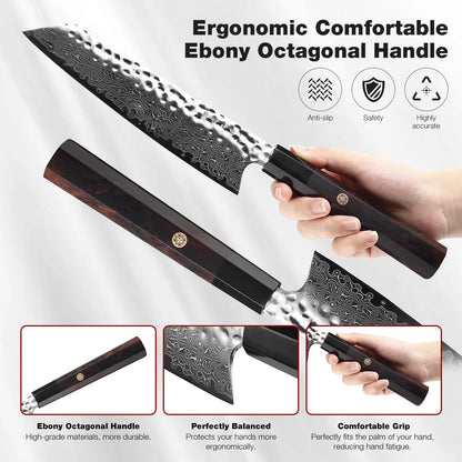 Kiritsuke Chef Knife 8 Inch, Hand-Forged 67-Layer VG10 High Carbon Steel Japanese Damascus Chef Knife, Ultra Sharp Hammered Damascus Chef Knife with Octagonal Ebony Handle & Gift Box5