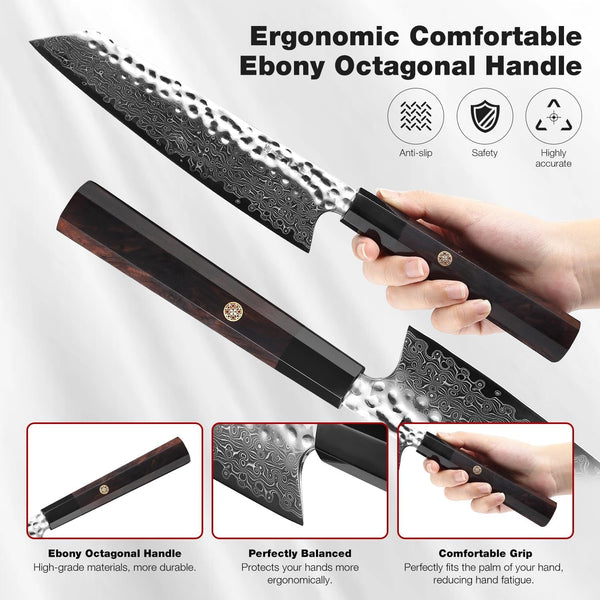 Kiritsuke Chef Knife 8 Inch, Hand-Forged 67-Layer VG10 High Carbon Steel Japanese Damascus Chef Knife, Ultra Sharp Hammered Damascus Chef Knife with Octagonal Ebony Handle & Gift Box5