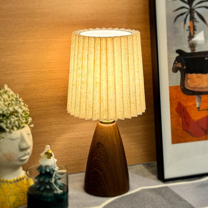 Small Pleated Table Lamp for Bedroom, Bedside Lamps for Nightstand, Dimmable Desk Lamp Ceramic Wood Grain Base round Flaxen Fabric Shade for Living Room, Kids Room,Led Bulb Included(Art Deco)1