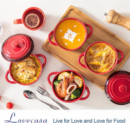 Mini Cocotte Set,12 OZ Small Casserole Dishes with Lids, Soup Bowls with Handles,Individual Baking Ramekins,Oven, Microwave & Dishwasher Safe,Set of 4,Red2