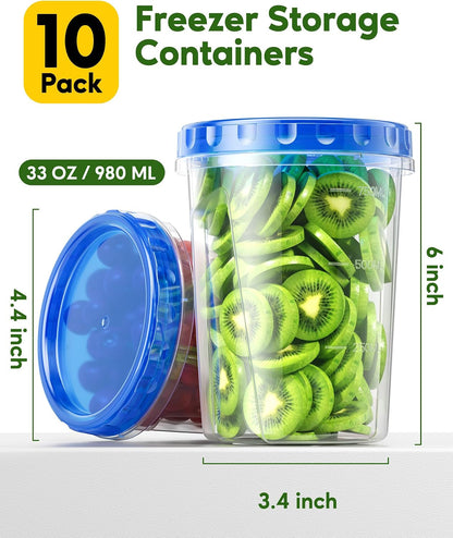 10 Pack-33Oz Freezer Storage Containers Set, Plastic Food Storage Containers with Twist Top Lids, BPA Free Stackable Soup Containers for Overnight Oats/Salad/Leftover/Soup/Ice Cream2
