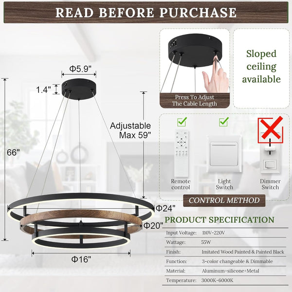 3 Ring LED Chandelier Modern Chandeliers Walnut Wood Black Dimmable 24''6