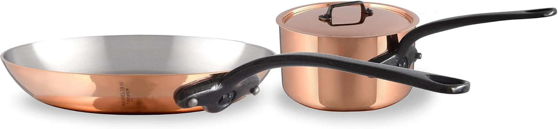 mheritage-150-ci-1-5mm-polished-copper-stainless-steel-deluxe-3-piece-cookware-set-with-sauce-pan-with-lid-1-8-qt-and-frying-pan-7-8-in-cast-iron-handles-made-in-france