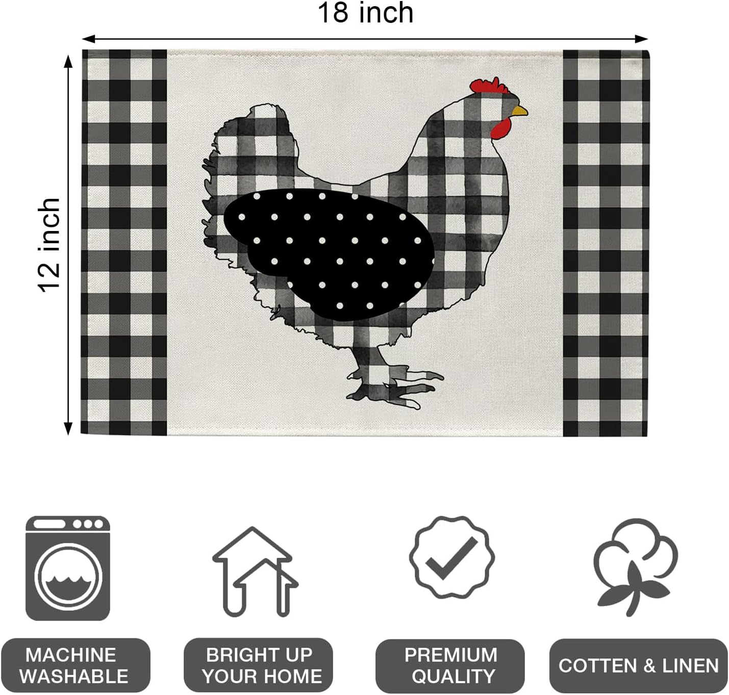 farm-chicken-hen-animal-placemats-set-of-4-black-white-buffalo-check-plaid-farmhouse-chick-dining-table-place-mats-spring-summer-country-rustic-kitchen-decor-home-decoration-12-x-18-inch
