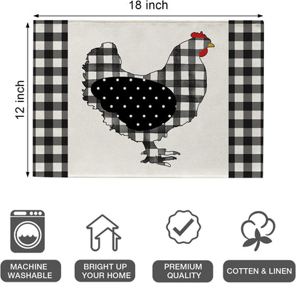 Farm Chicken Hen Animal Placemats Set of 4, Black White Buffalo Check Plaid Farmhouse Chick Dining Table Place Mats, Spring Summer Country Rustic Kitchen Decor Home Decoration 12 X 18 Inch2