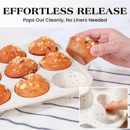 2 Pcs Silicone Muffin Pans for Baking, Cream | Regular 12 Cup and Mini 24 Cup, with Metal Reinforced Frame, Silicone Cupcake Mold, BPA Free4