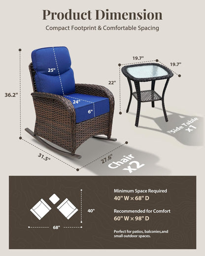 Luxury Patio Furniture Set, High Back Outdoor Rocking Chairs with 6" Thick Cushions and Table, 3 Pieces All Weather Bistro Conversation Set for Porch Deck Balcony Yard (Blue)2