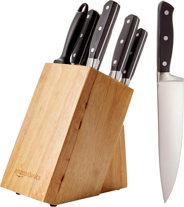 9-Piece High-Carbon Stainless Steel Kitchen Knife Set with Ergonomic Handles, Full Tang Construction, Pine Wood Block, Black1