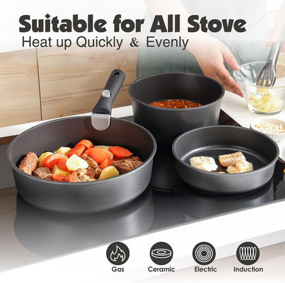 24 Piece Nonstick Detachable Handle Pots and Pans Set Black | Removable Handle Cookware Set, Induction Cookware Set with Removable Handle, Healthy Non Stick for RV, Dishwasher ＆ Oven Safe5
