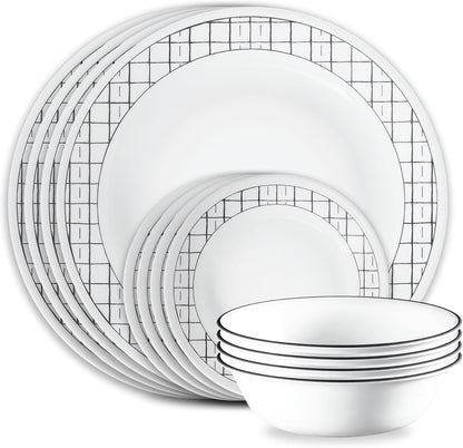 Vitrelle 18-Piece Service for 6 Dinnerware Set, Triple Layer Glass and Chip Resistant, Lightweight round Plates and Bowls Set, Delicate Grid1