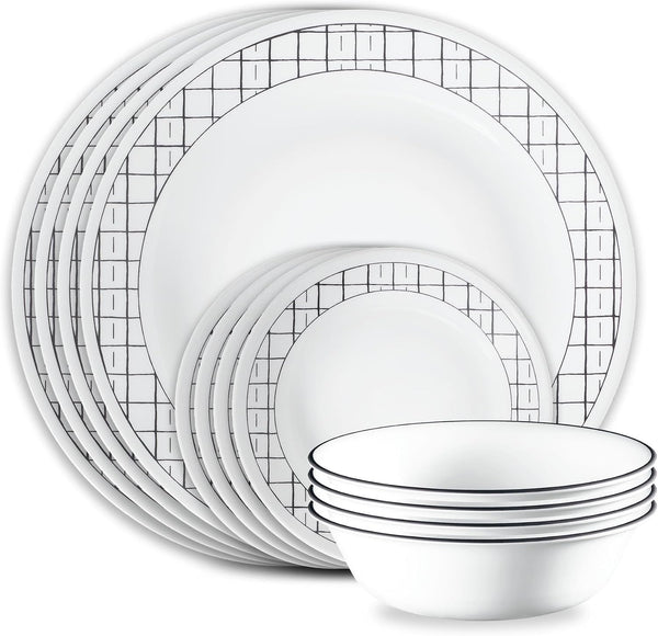 Vitrelle 18-Piece Service for 6 Dinnerware Set, Triple Layer Glass and Chip Resistant, Lightweight round Plates and Bowls Set, Delicate Grid1