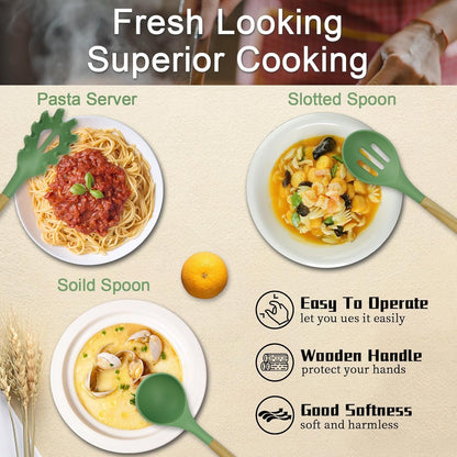 Silicone Cooking Utensils Set, Heat Resistant Kitchen Utensils Set, Spatula,Turner Tongs,Spoon,Brush,Whisk, Cooking Kitchen Utensils Spatula Set, Nonstick Cookware（Sage Green）2