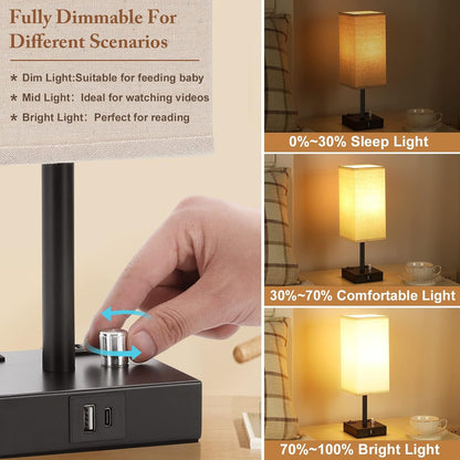 Bedside Table Lamps Set of 2 for Bedroom - Dimmable, USB C+A, 2 AC Outlets2