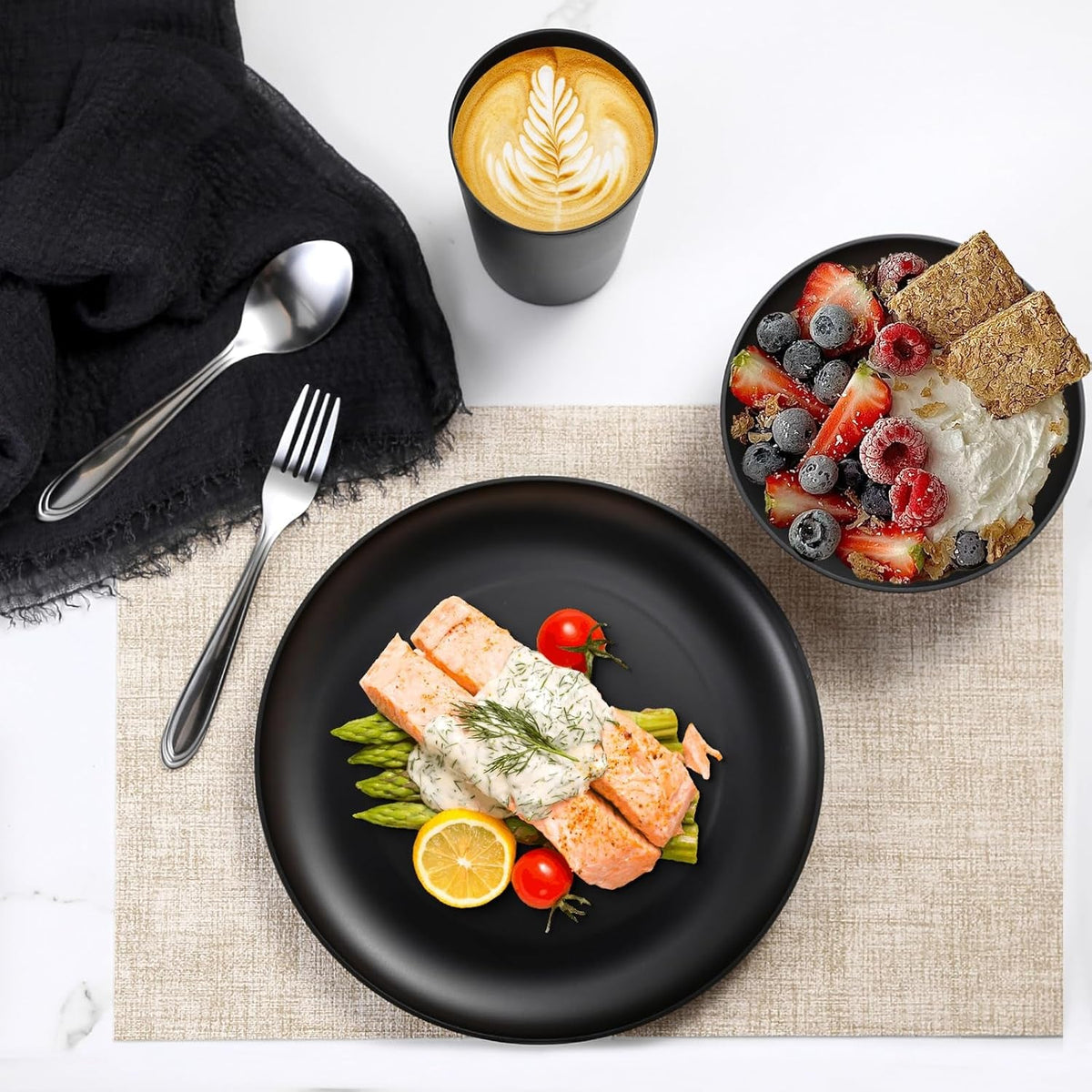 24pcs-matte-black-dinnerware-set-plates-bowls-cups-unbreakable-dishes-for-8-reusable-bpa-free-tableware-dishwasher-safe-for-kitchen-party-picnic-camping-bonus-cutlery-set-included