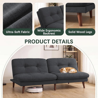 68'' Convertible Futon Sofa Bed, Dark Grey Linen Futon Couch6