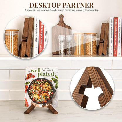 Cookbook Stand for Kitchen, Recipe Book Holder for Kitchen Counter | Wooden Cookbook Holder, Rustic Cook Book Holder Stand - Rustic Brown - 1 Set4