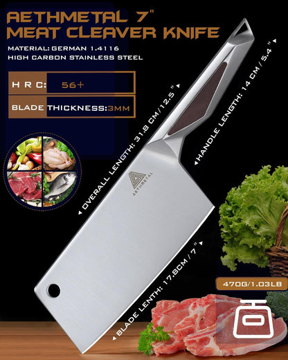 7" Meat Cleaver Knife, Full Tang High-Carbon Stainless Steel Kitchen Cleaver for Chopping Meat, Pork, and Bones, Ergonomic Metal Handle, Professional Chef Butcher Knife3