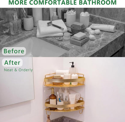 Corner Shower Caddy, 2 Pack Adhesive Gold Shower Organizers, Rustproof Stainless Steel Shower Shelves with 4 Hooks, No Drilling Shelves for Bathroom Storage & Home Decor5